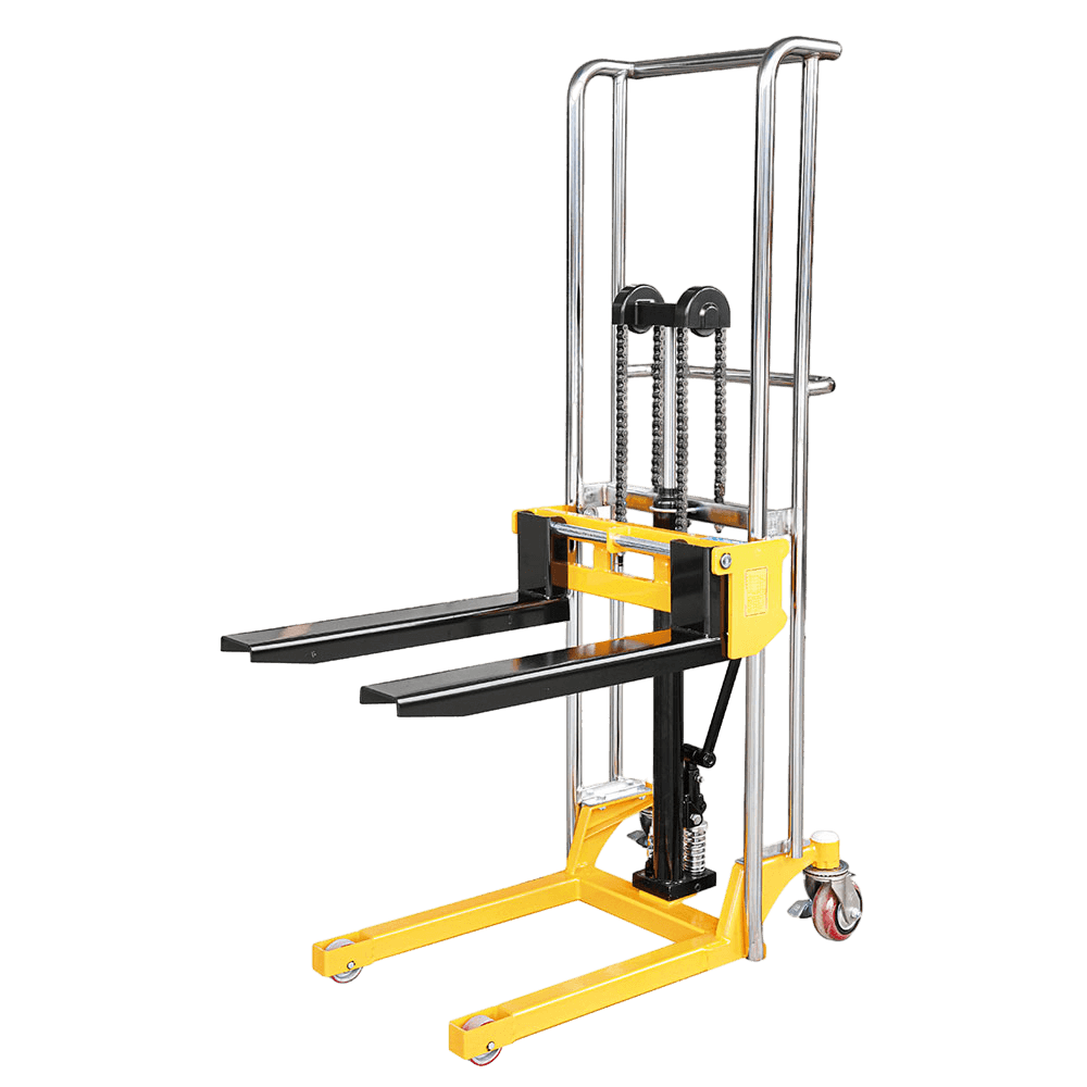 What are the specific mechanisms or controls used to adjust fork width, height, length, and spacing on the manual hydraulic stacker?